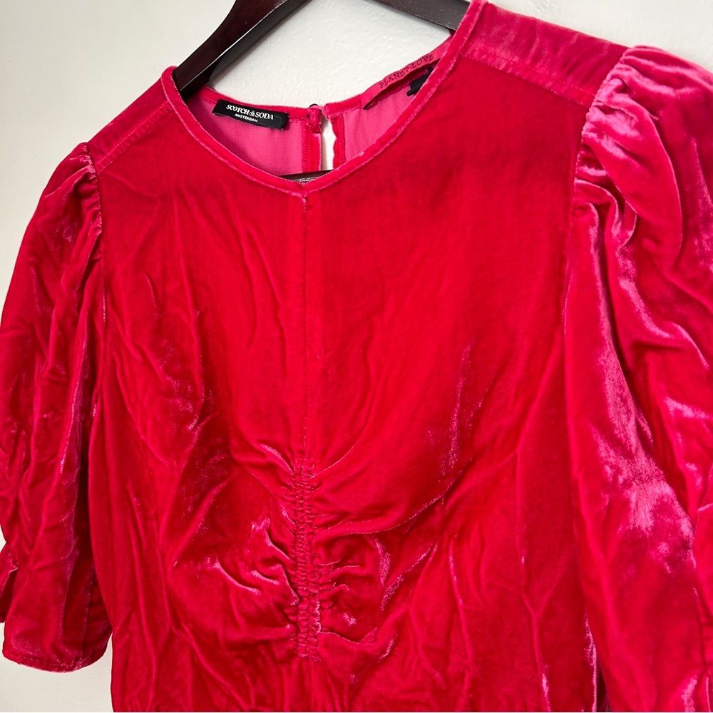 Scotch & Soda Blouse Pink Fitted Puff Sleeve Velvet Planet Love Ruched Top - Picture 3 of 14